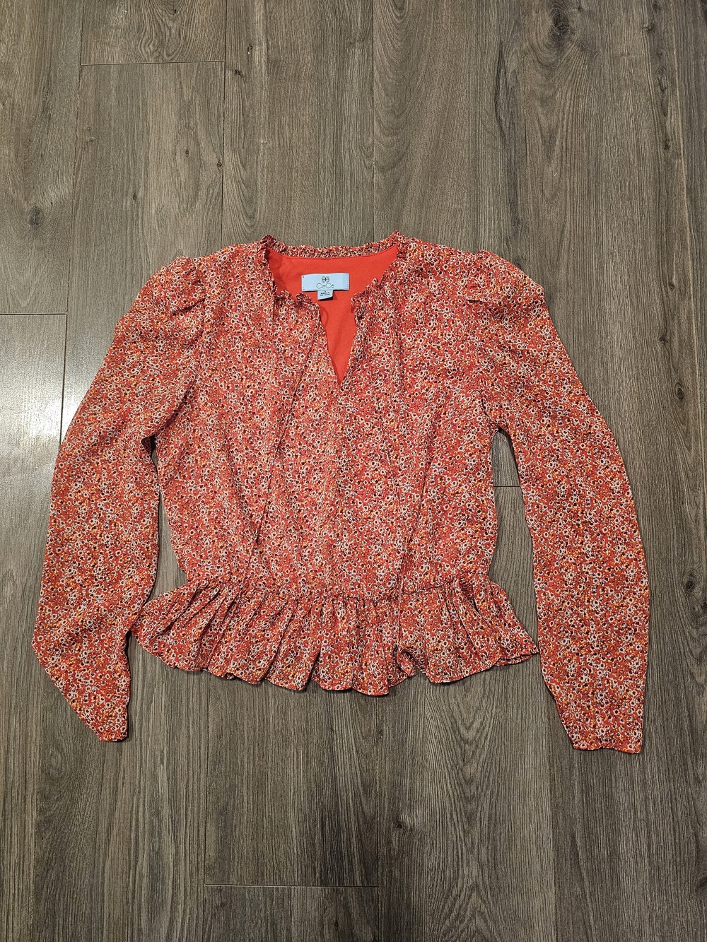 Cece Red Floral Peplum Long-Sleeve Blouse - Size Small